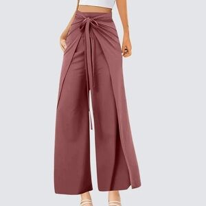 Essue Tulip High Rise Wide Leg Flowy Palazzo Slit Pants in Mauve/Brick, Medium